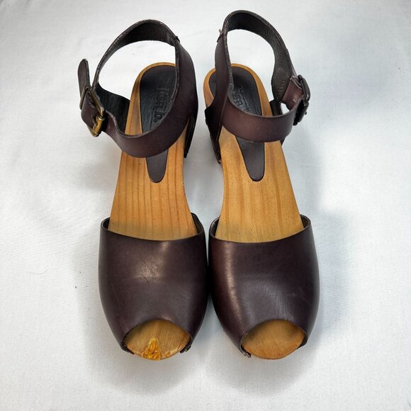 Lisa B Peep Toe Clogs Low Wood Heel Chocolate Brown Leather 40 Boho US 8.5 / 9 - Picture 7 of 13